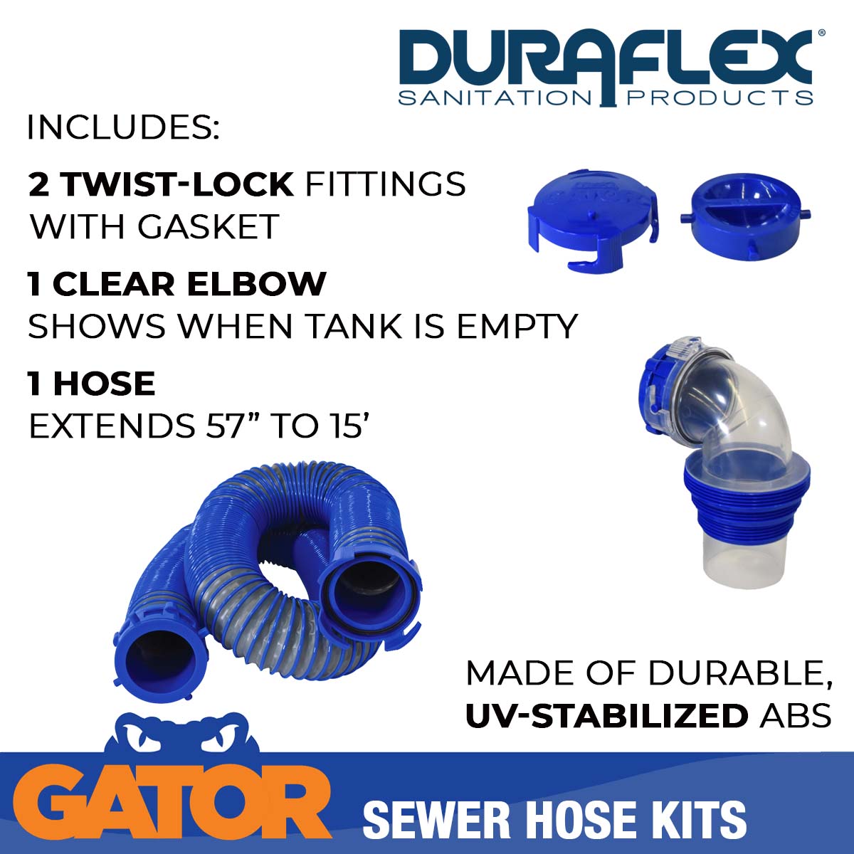 Duraflex Sewer Hose, 15 ft Extended Length, 57 in Compressed Length, 3 in Diameter - 22005