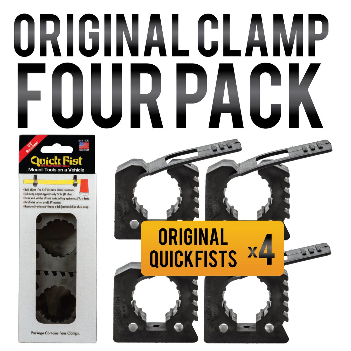 Quick Fist/ End Of The Road Mounting Clamp, Holds Objects With Diameter From 1 in To 2-1/4 in, 25 lb Holding Capacity, Black, Set Of 4 - 10040