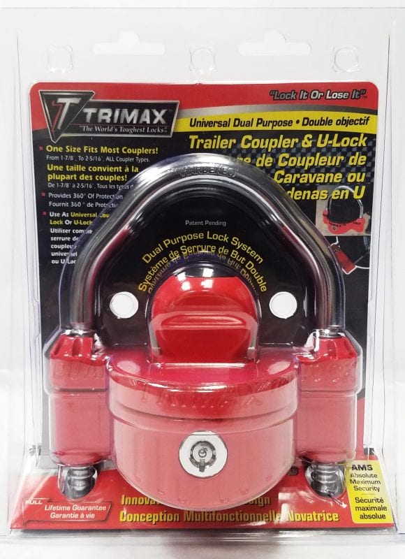 Trimax Locks Trailer Hitch Lock, Fits 1-7/8 in/2 in And 2-5/16 in Couplers, Red, Steel Shackle/Die Cast Body - UMAX25D