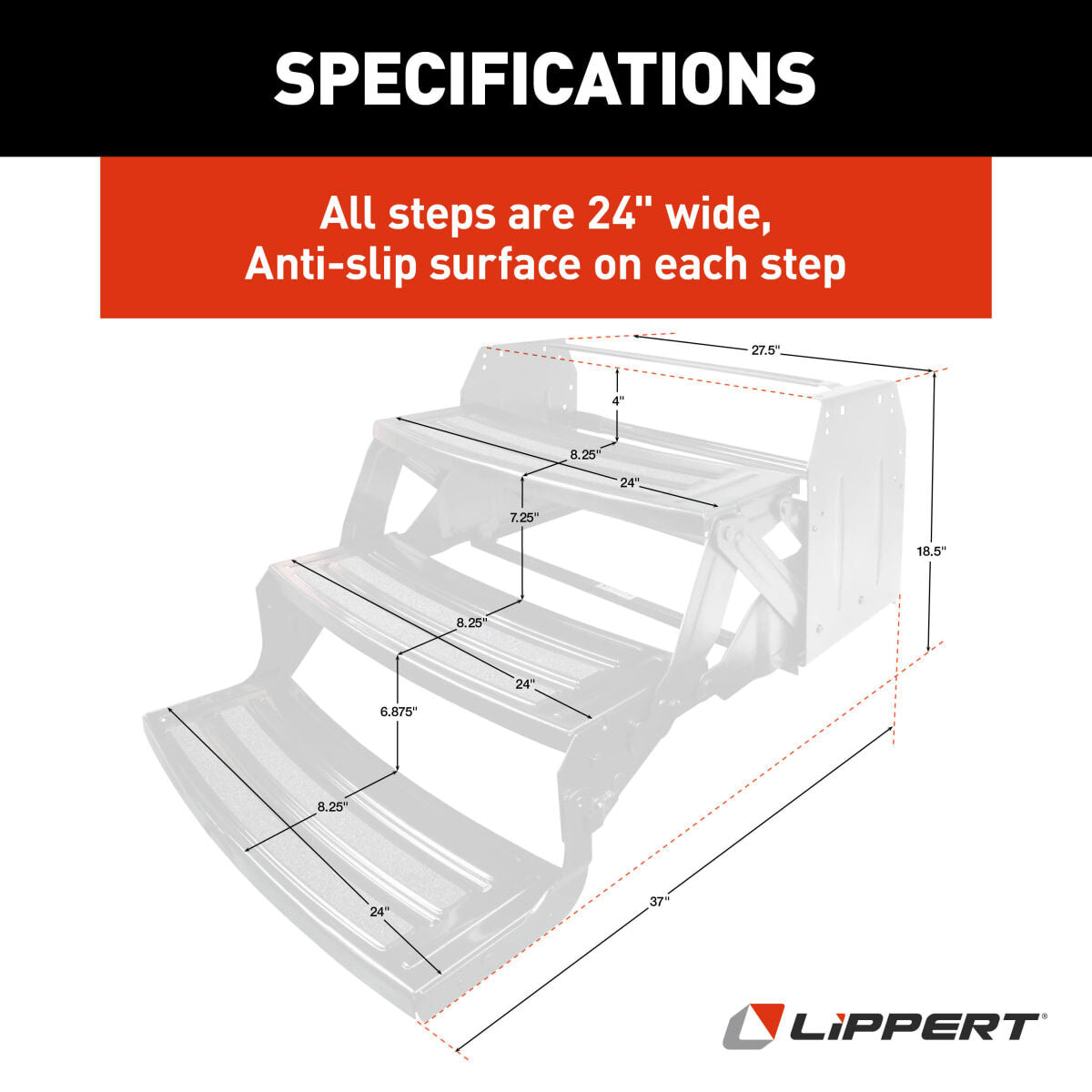 Lippert Entry Step, 3 Manual Folding Steps, 24 in Width x 7 in Depth, With 7 in Rise - 432687