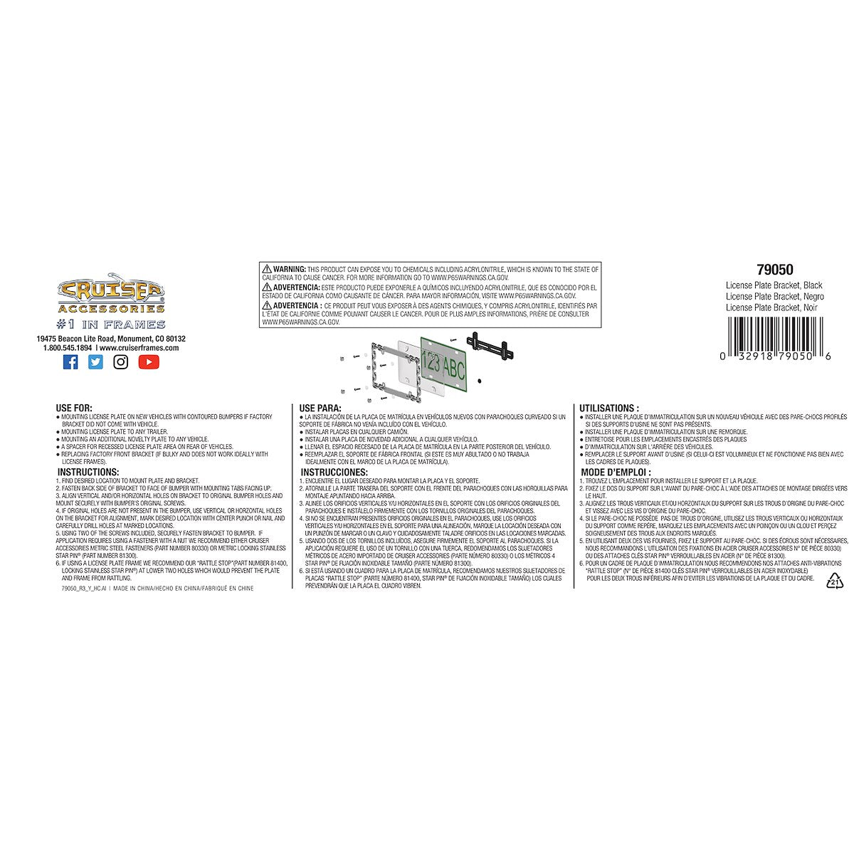 Cruiser License Plate Bracket, Black, With Two Standard #2 Philips Fasteners - 79050
