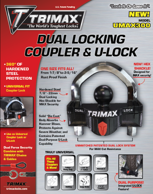Trimax Locks Trailer Hitch Lock, Fits 1-7/8 in To 2-5/16 in Couplers, Black, Solid Die Cast Body/Stainless Steel Shackle - UMAX300