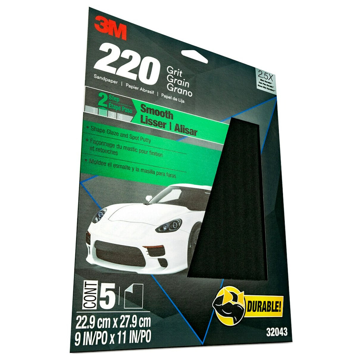 3M Sandpaper, Used For Featheredging/Primer Sanding, P220 Grit, 9 in x 11 in, Pack of 5 - 32043