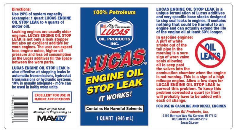 Lucas Oil Oil Stop Leak, 1 qt Bottle - 10278