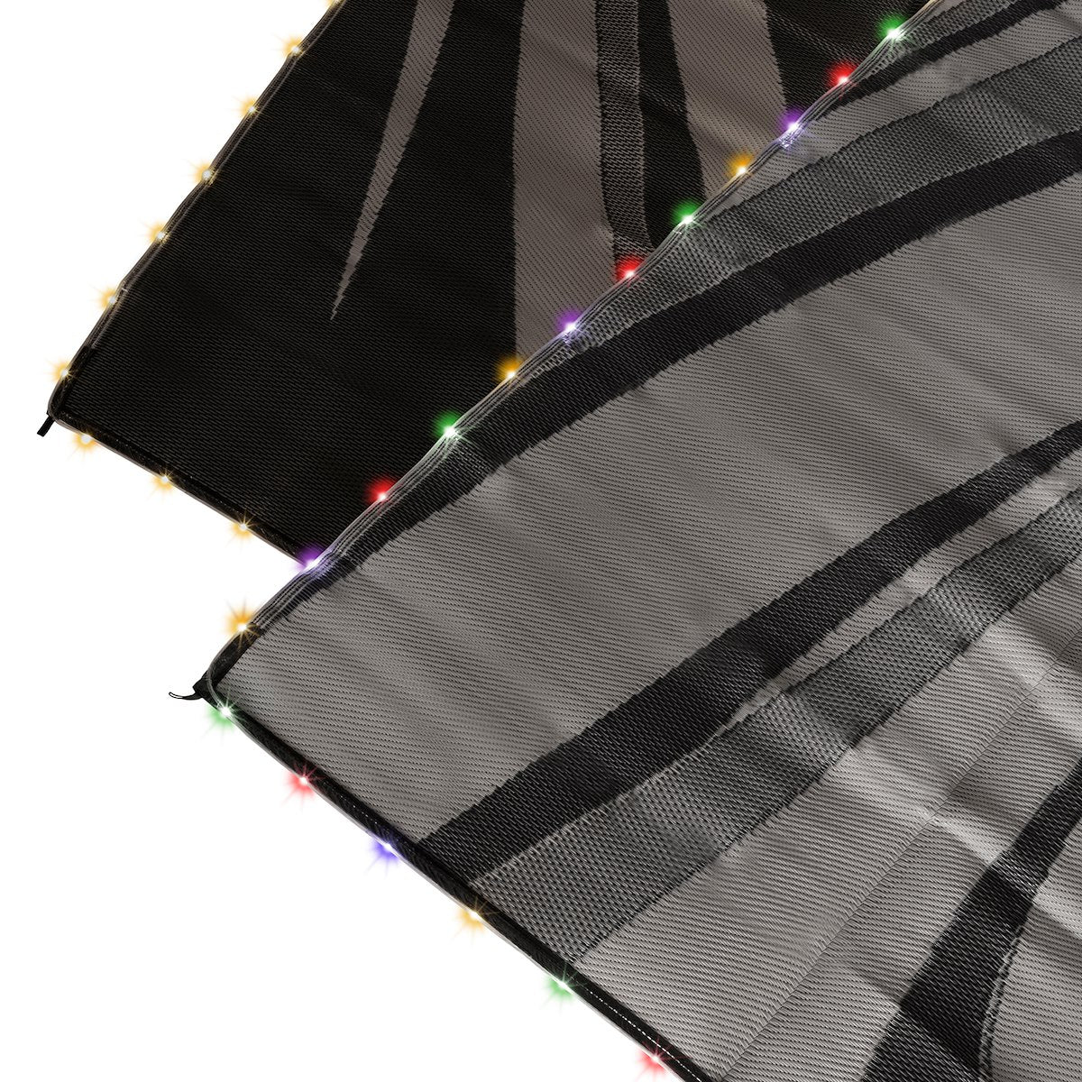 Faulkner Patio Mat, 12 ft Length x 9 ft Width, Reversible Black/Gray Fabric, Solar Powered Multicolor Or White LED Lights - 53024