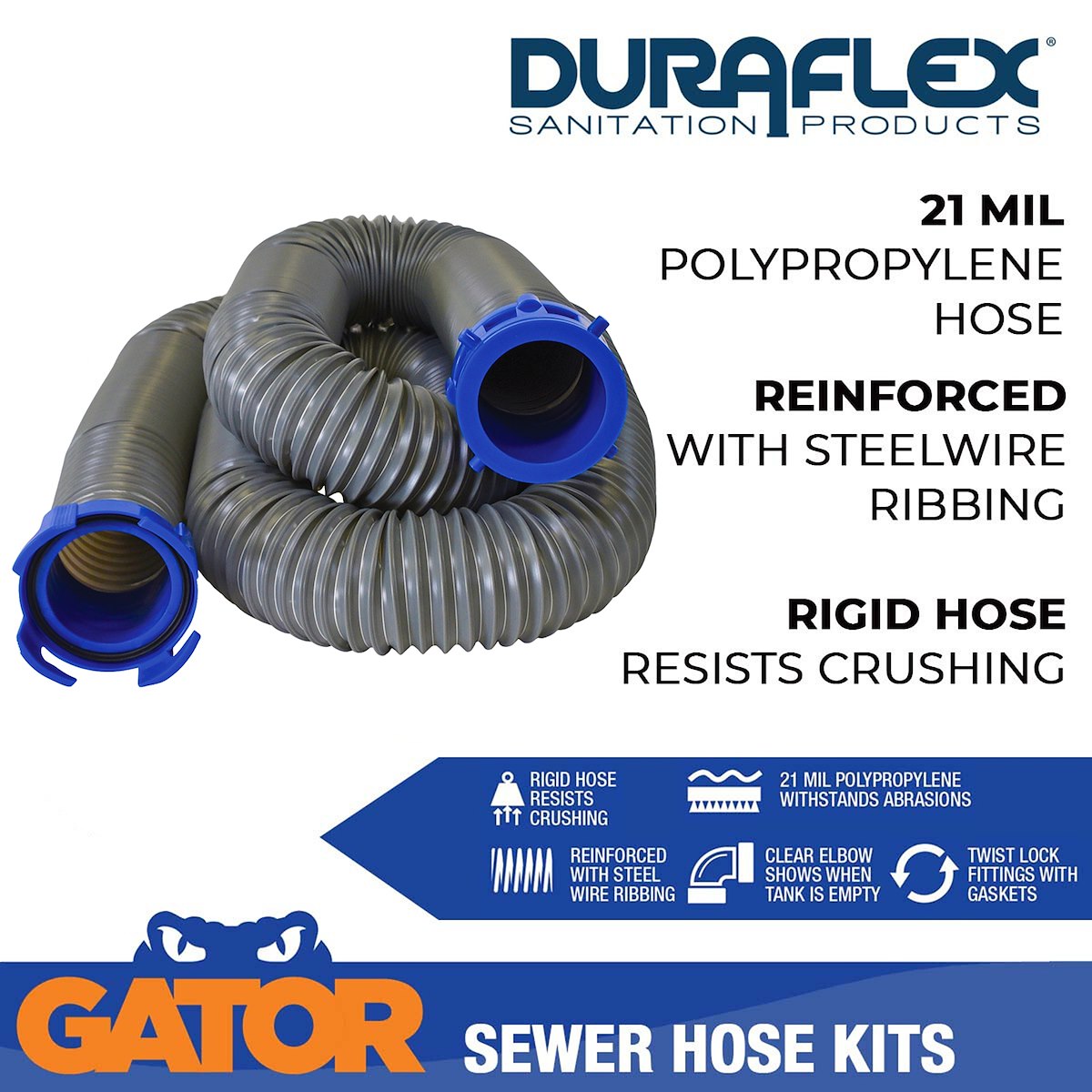 Duraflex Sewer Hose, 30 ft Extended Length, 106 in Compressed Length, 3 in Hose Diameter - 22007