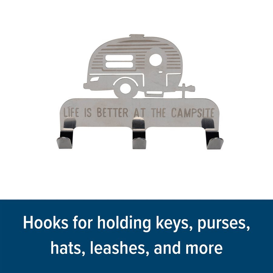 Camco Key Storage Case, 6 in Length x 4-1/4 in Width x 1-1/4 in Depth, Stainless Steel, With 3 Hooks And Double Sided Mounting Tape - 53368