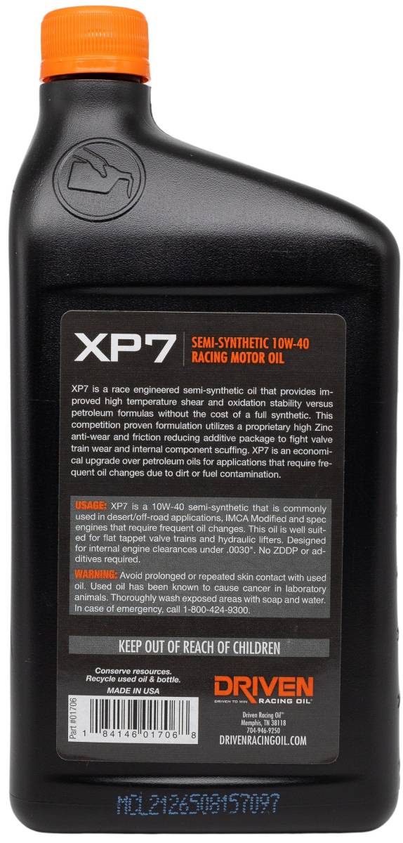Driven Racing Oil Oil, XP7 Series, SAE 10W40, 1 qt Bottle - 01706