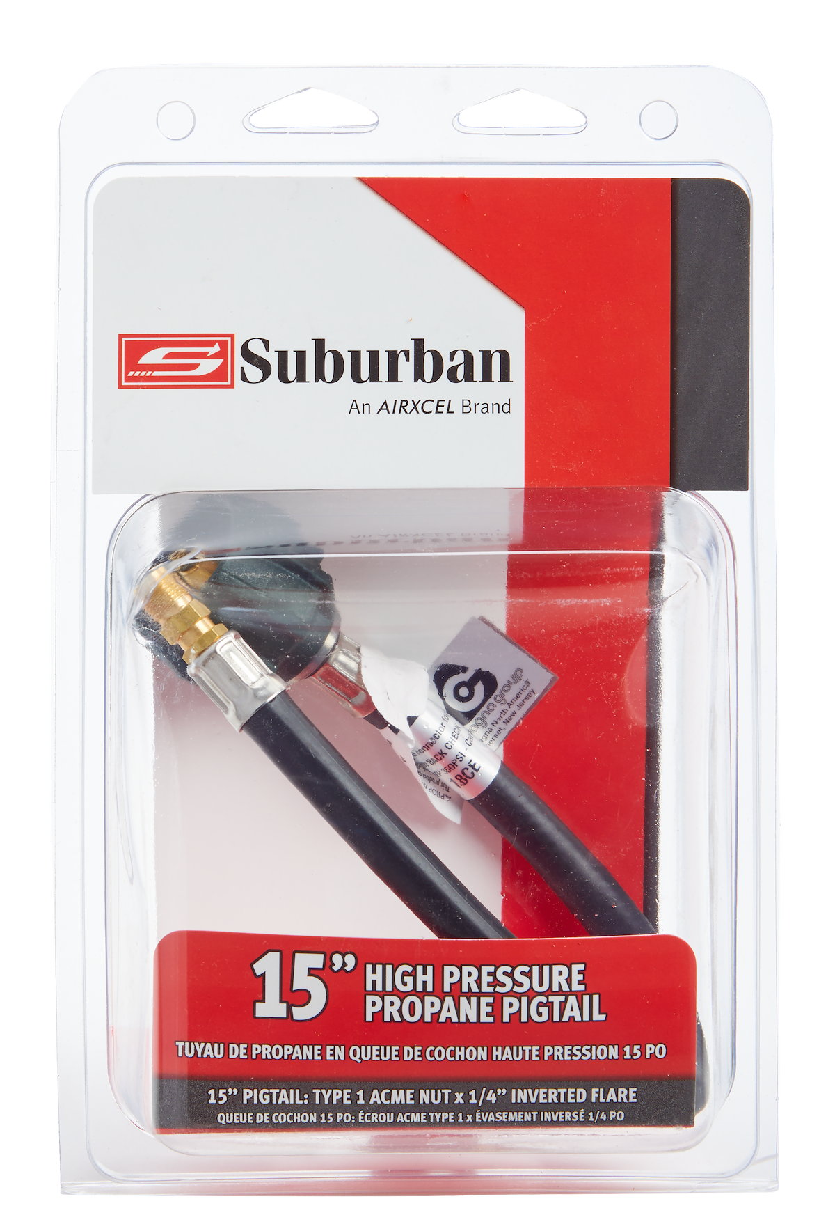 Suburban Mfg Propane Hose, 1/4 in Inside Diameter Pigtail Connector, Type 1 ACME Nut x 1/4 in Inverted Male Flare Connector, 15 in Length - 523007