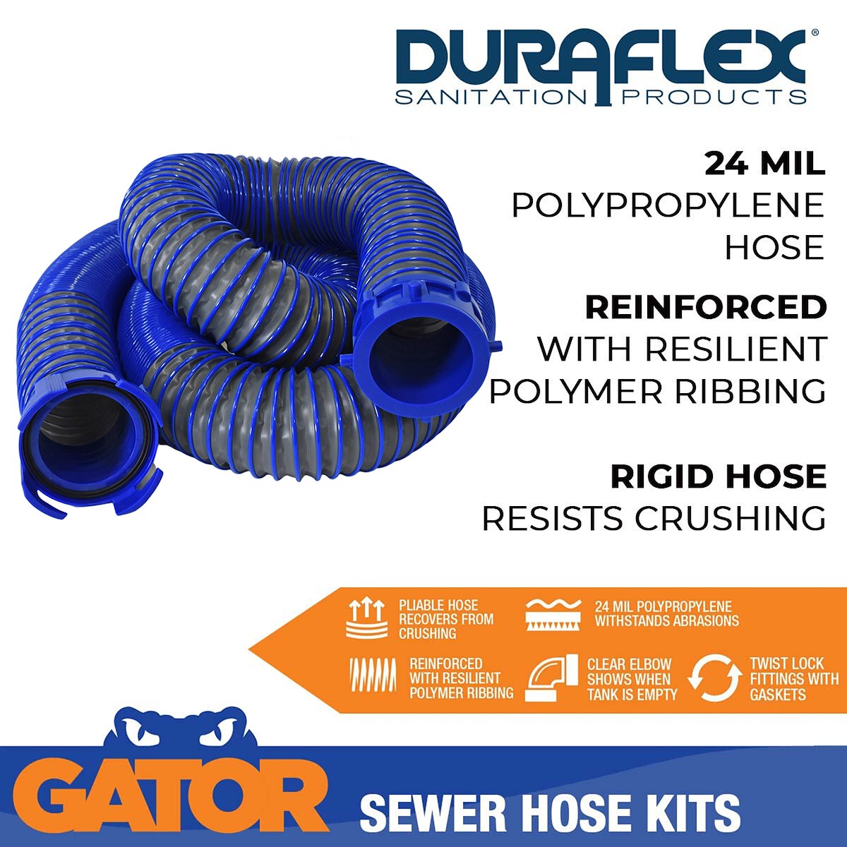Duraflex Sewer Hose, 30 ft Extended Length, 114 in Compressed Length, 3 in Hose Diameter - 22008
