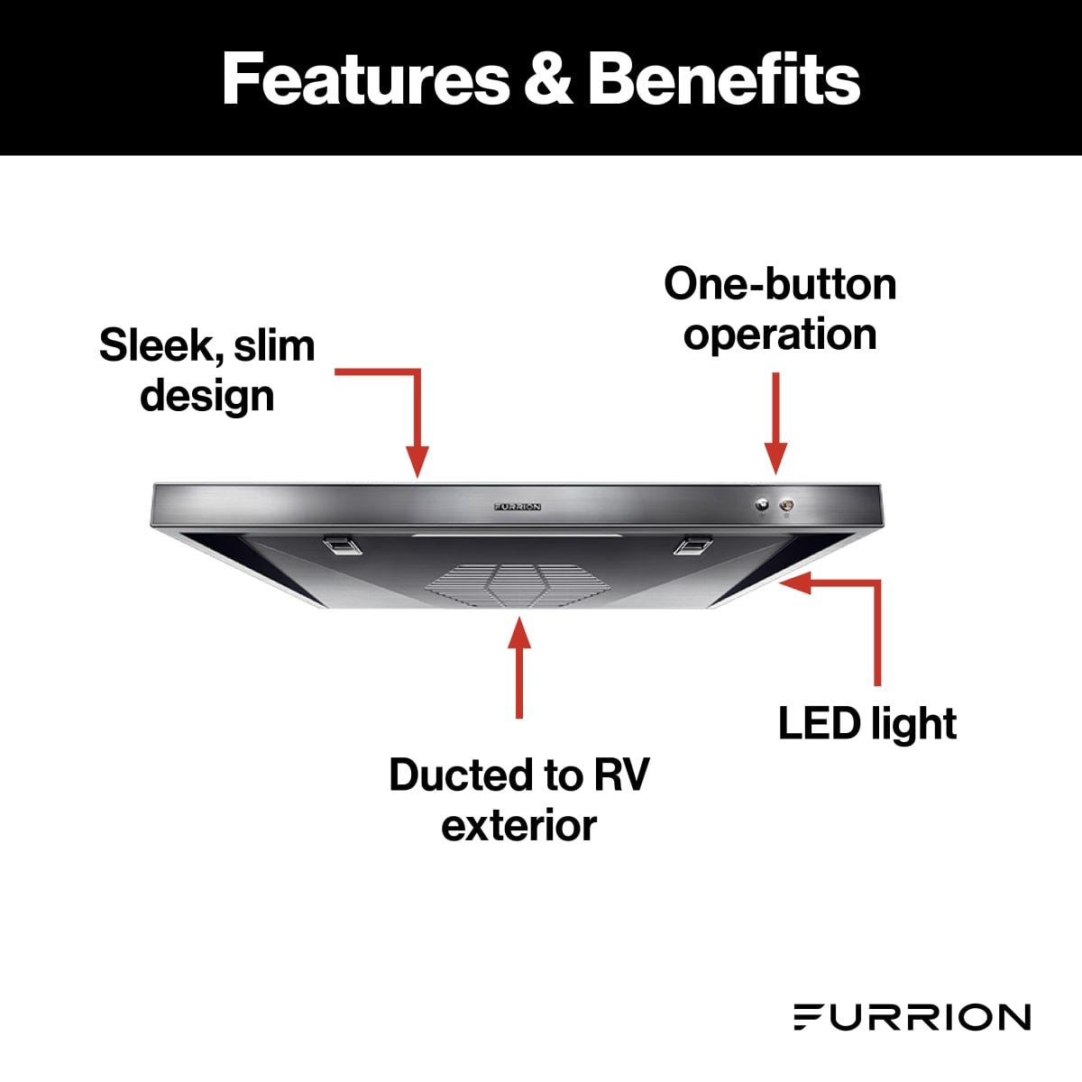 Furrion Stove Vent Hood, For 12 To 18 in Cabinet Depth, 10-11/16 in Width x 3-3/4 in Height Exhaust Duct, With LED Down Light - FHO23SACR-SS