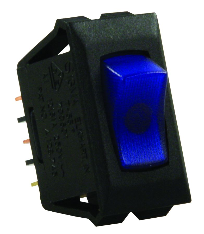 JR Products Multi Purpose Switch, 1.125 in x 0.550 in Cutout, 1.120 in x 0.547 in (Switch), Blue Illuminated - 13685