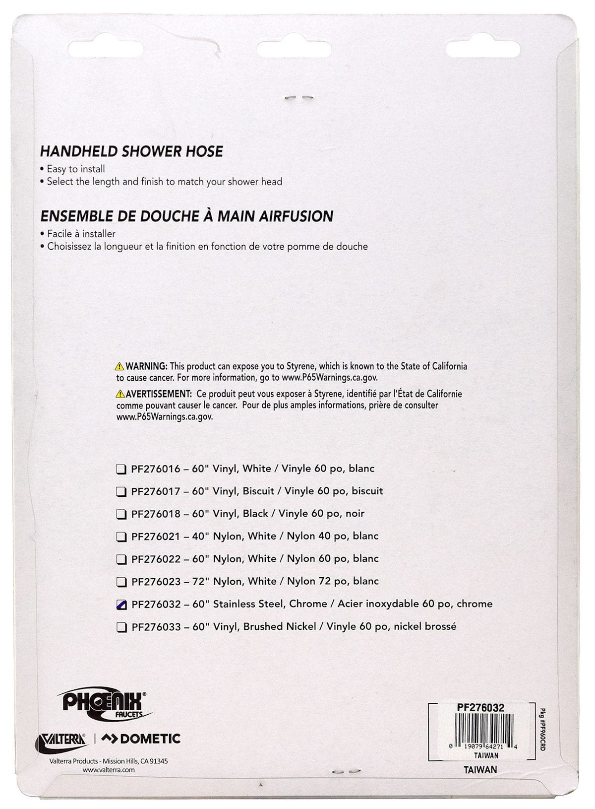 Phoenix Products Shower Head Hose, 60 in Length, Chrome Plated/Stainless Steel - PF276032