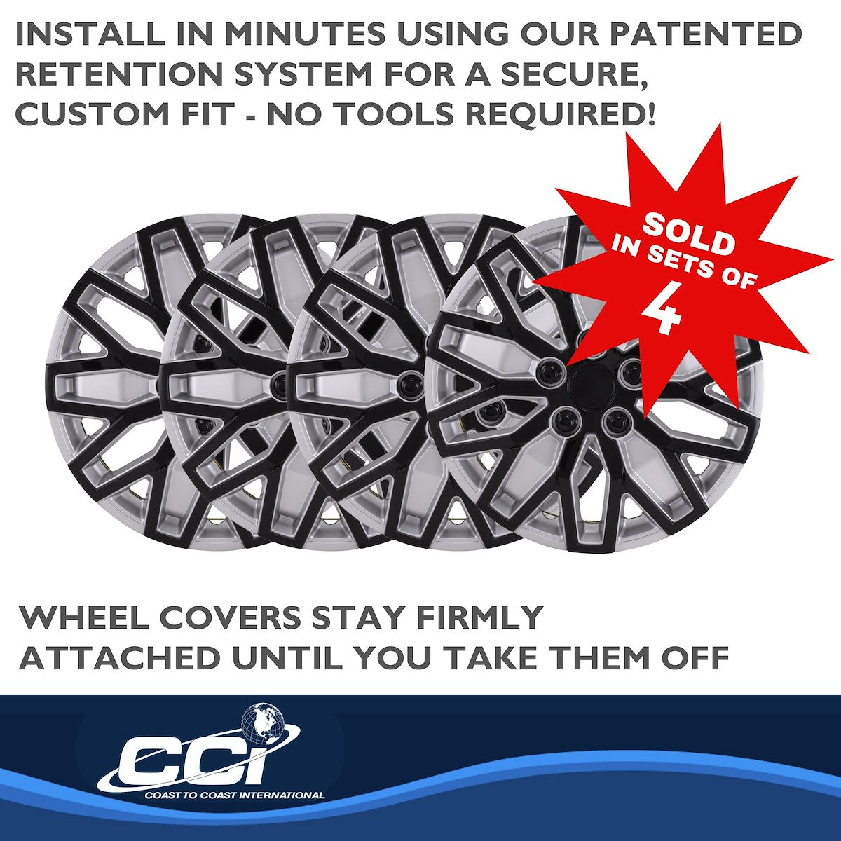 Coast2Coast Wheel Cover, 15 in, 10 U Spoke, Black/Silver, Set Of 4 - 105115SB