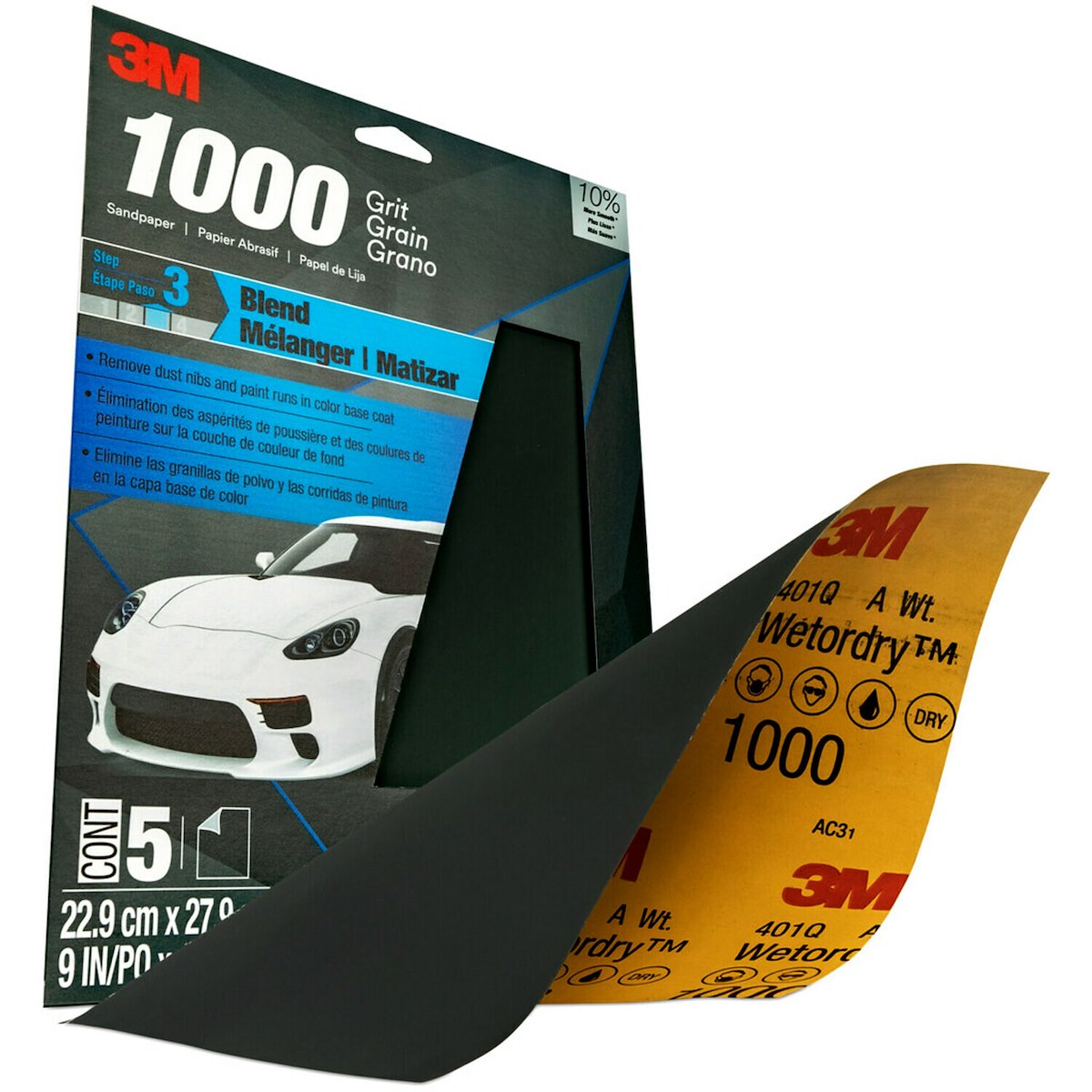 3M Wetordry 1000 Grit Sandpaper, 9 x 11 in, Pack of 5 - 32021