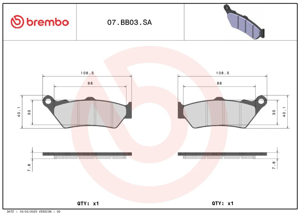 Brembo Brake Pad, Sintered Compound, Red Backing Plate, Set Of 2 - 07BB03SA