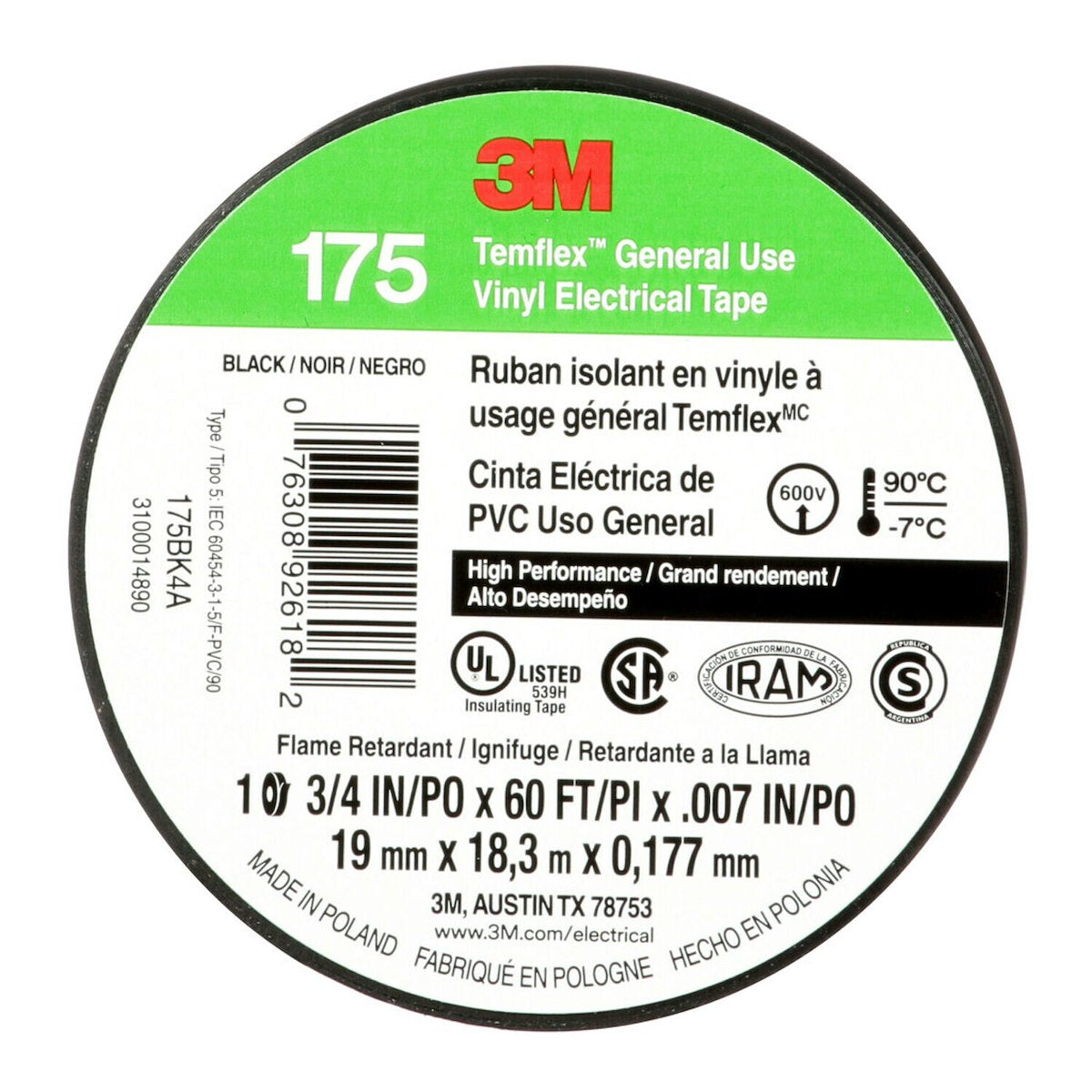 3M Electrical Tape, 3/4 in Width x 60 ft Length, 7 Mil Thick, Black - 92618