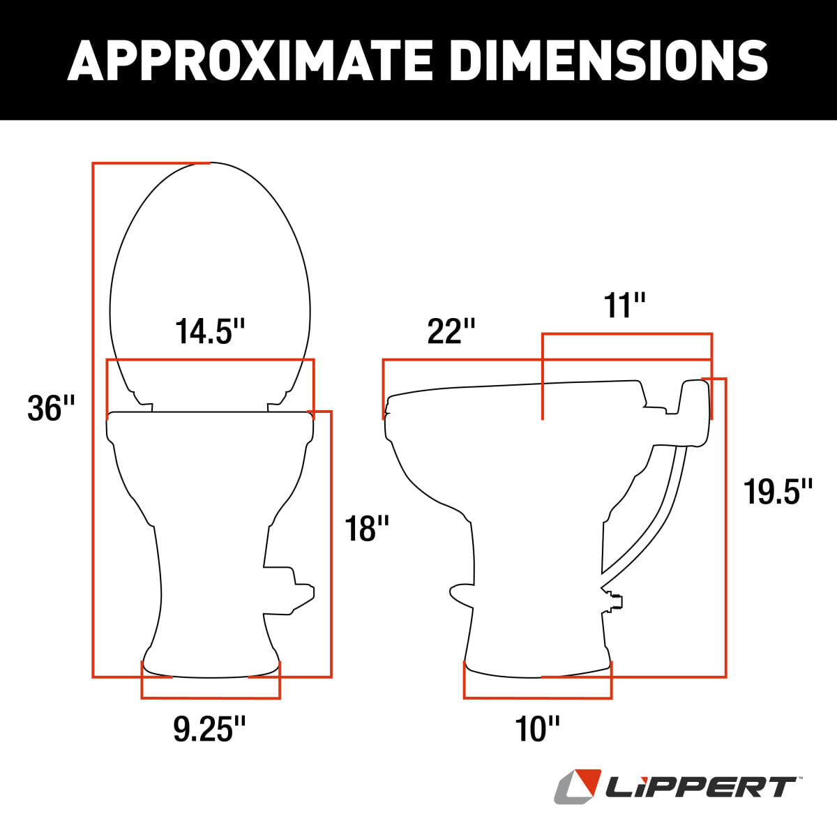 Lippert Toilet, Elongated Seat With 18 in Seat Height, White Ceramic With Plastic Seat/Lid - 2022113192