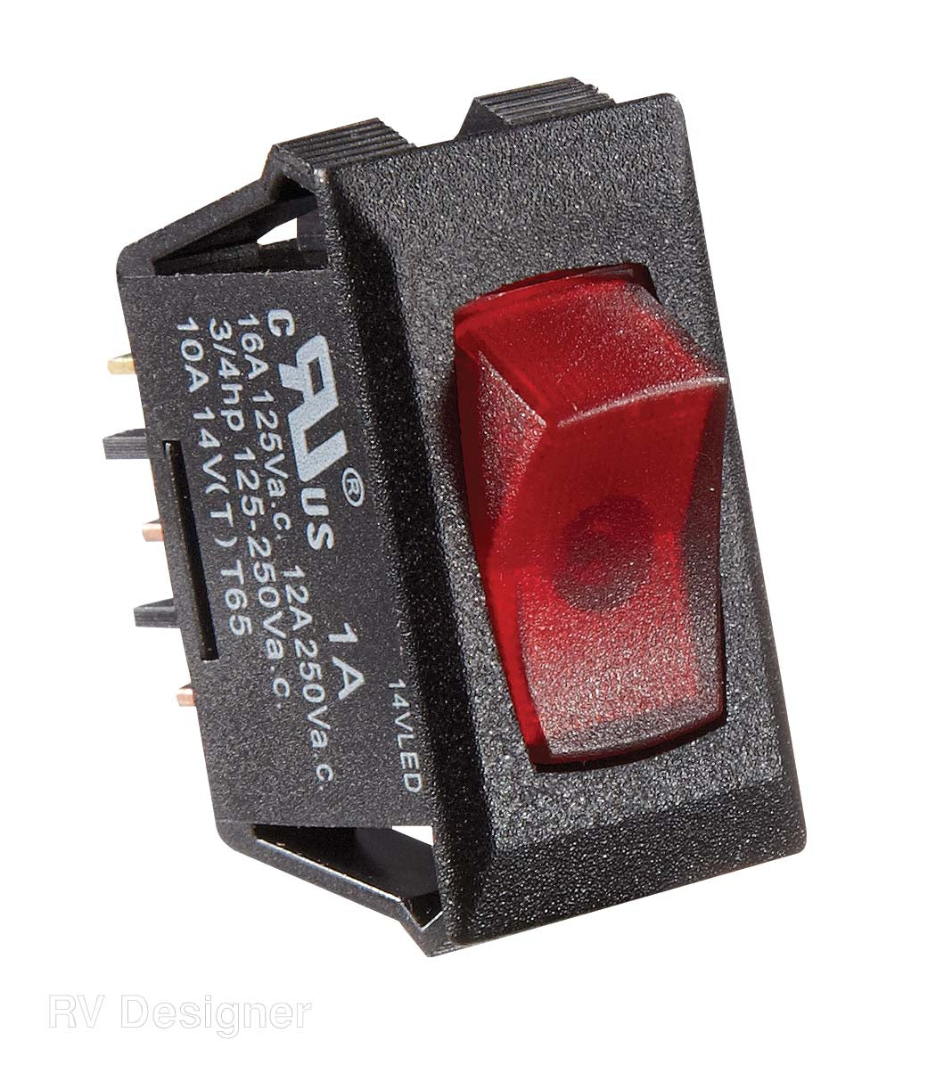 RV Designer Multi Purpose Switch, 10 amp Max, 0.550 in x 1.125 in Cutout, Red Illuminated Light - S247