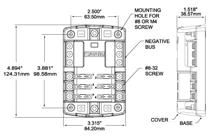 Blue Sea Fuse Block, 32 V DC, 100 amp Per Block/30 amp Per Circuit, 3.88 in Mounting Centers - 5025-BSS