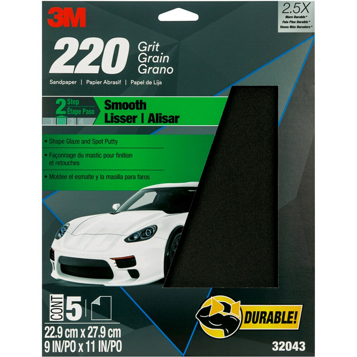 3M Sandpaper, Used For Featheredging/Primer Sanding, P220 Grit, 9 in x 11 in, Pack of 5 - 32043