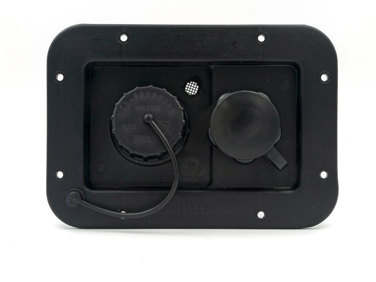 B&B Molders Fresh Water Inlet, Use With Either 1-1/4 in Or 1-3/8 in Water Fill Hose, 3-3/4 in Height x 6 in Width Cutout Dimension, Black - 94223