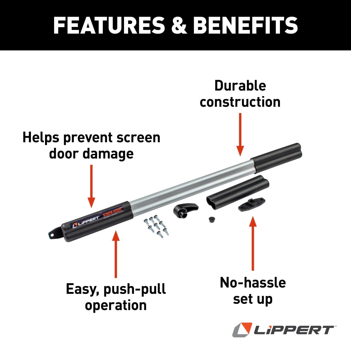 Lippert Screen Door Push Bar, Adjustable From 26 in To 30 in Width Doors, Black/Silver - 2021000090