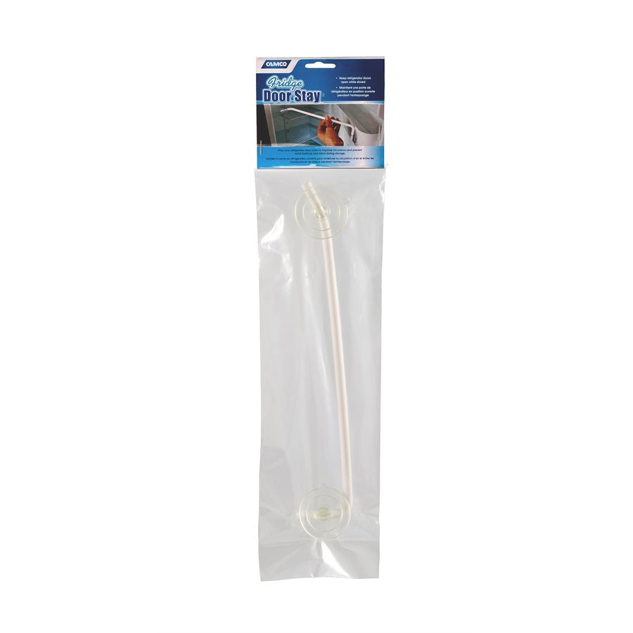 Camco Refrigerator Door Vent Prop, 12 in Length Bar, White, With 2 Suction Cups - 45641