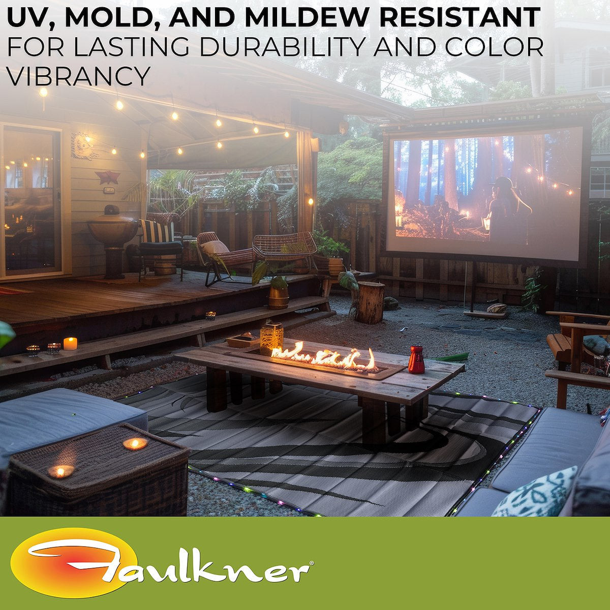 Faulkner Patio Mat, 12 ft Length x 9 ft Width, Reversible Black/Gray Fabric, Solar Powered Multicolor Or White LED Lights - 53024