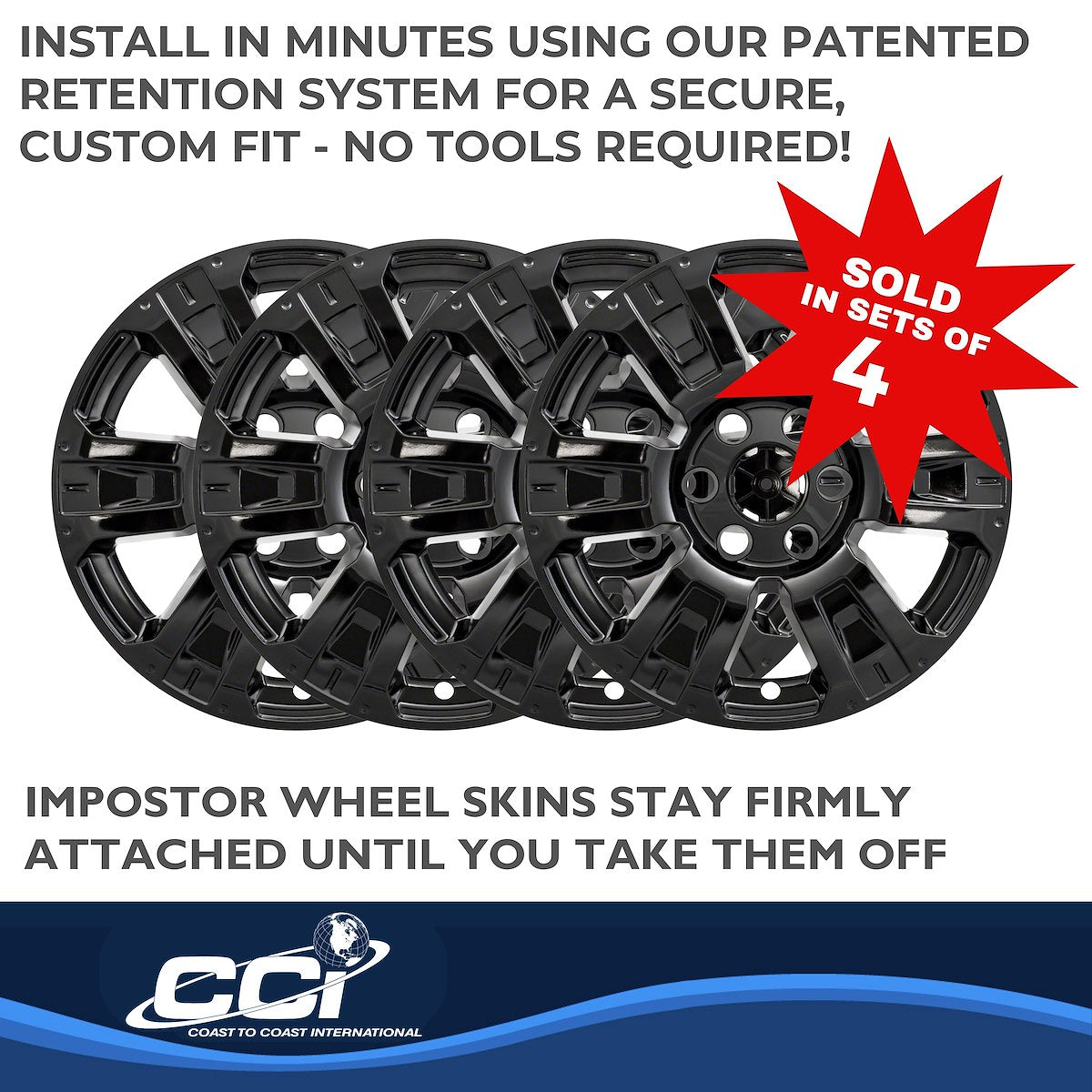 Coast2Coast Wheel Skin, 18 in, 6 Spokes, Gloss Black, Set Of 4 - IWCIMP403BLK