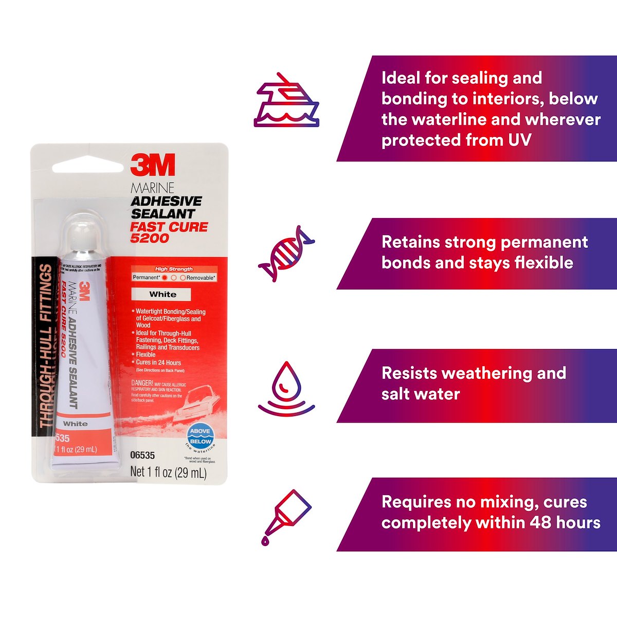 3M Adhesive Sealant, 3M 5200 Fast Cure, 1 oz Tube, White - 06535