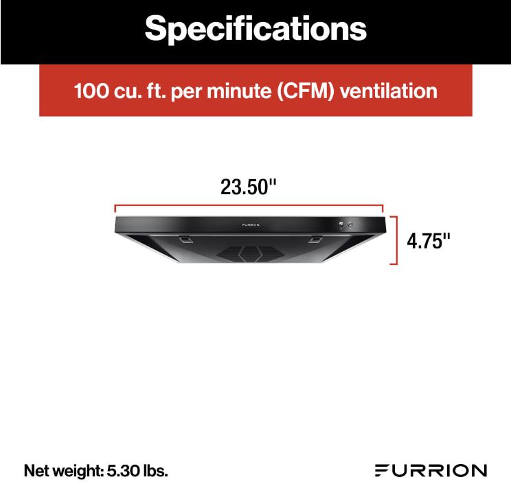 Furrion Stove Vent Hood, For 12 To 18 in Cabinet Depth, 10-11/16 in Width x 3-3/4 in Height Exhaust Duct, With LED Down Light - FHO23SACR-BL