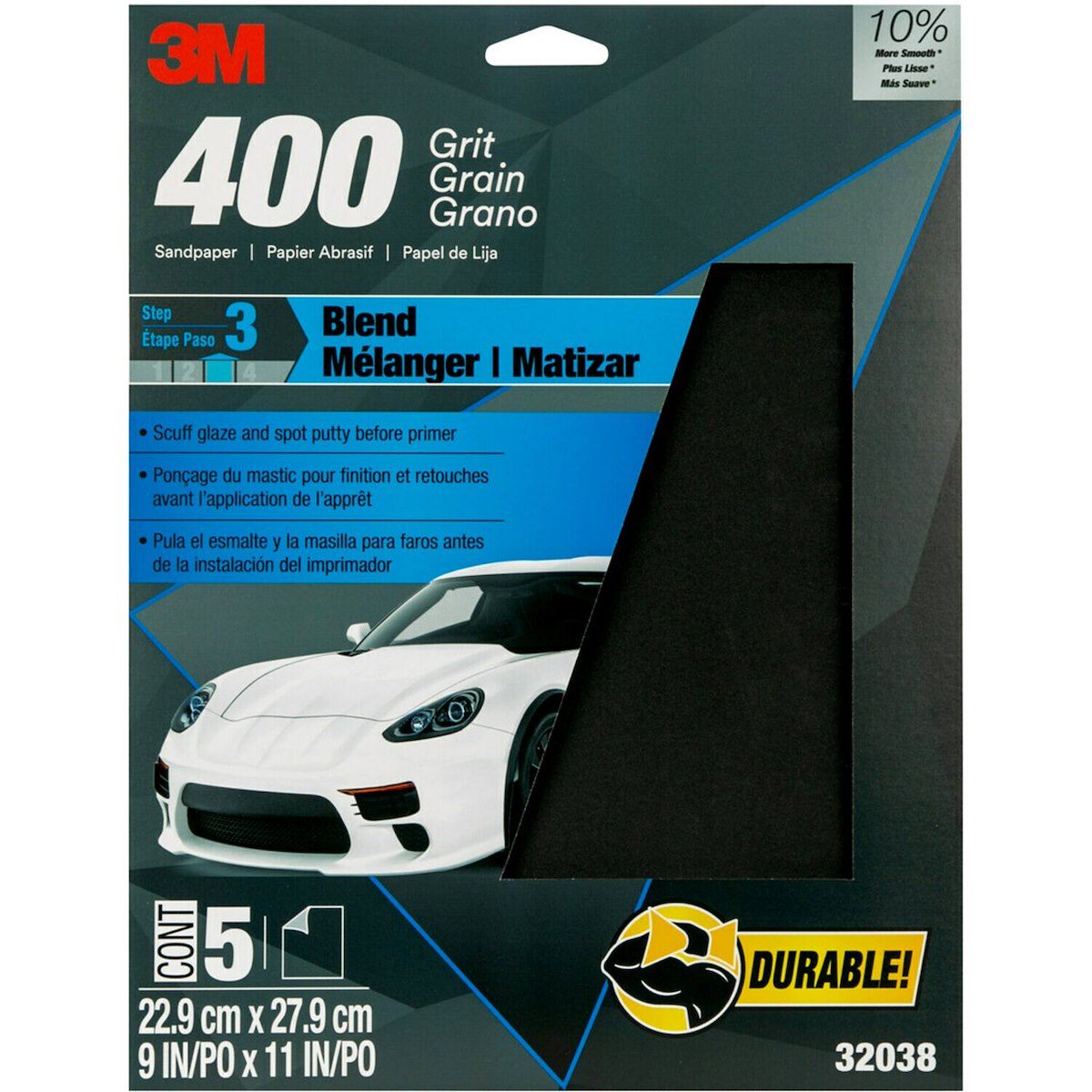 3M Sandpaper, P400 Grit, 9 in x 11 in, Aluminum Oxide, Pack of 5 - 32038