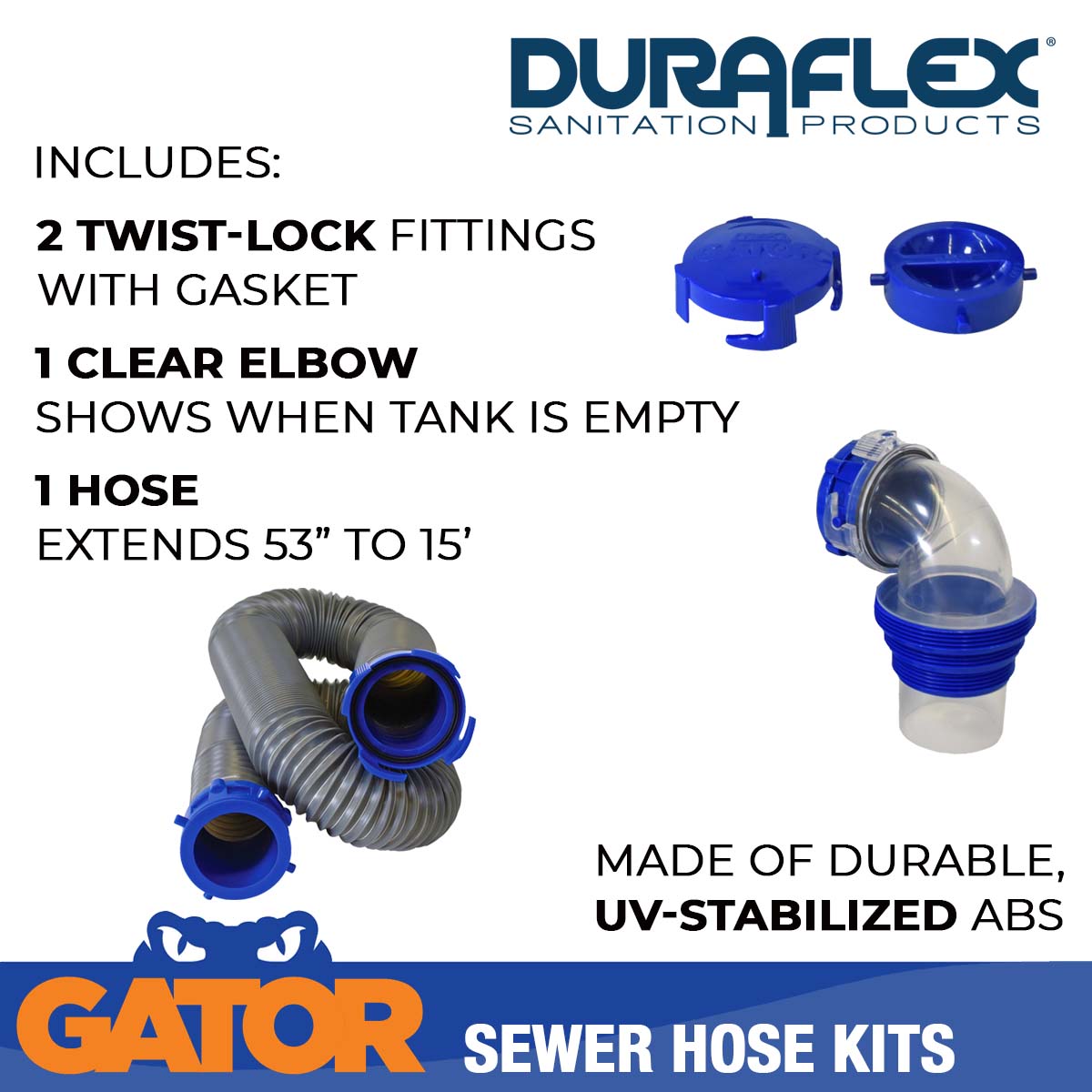 Duraflex Sewer Hose, 15 ft Extended Length, 53 in Compressed Length, 3 in Hose Diameter - 22003