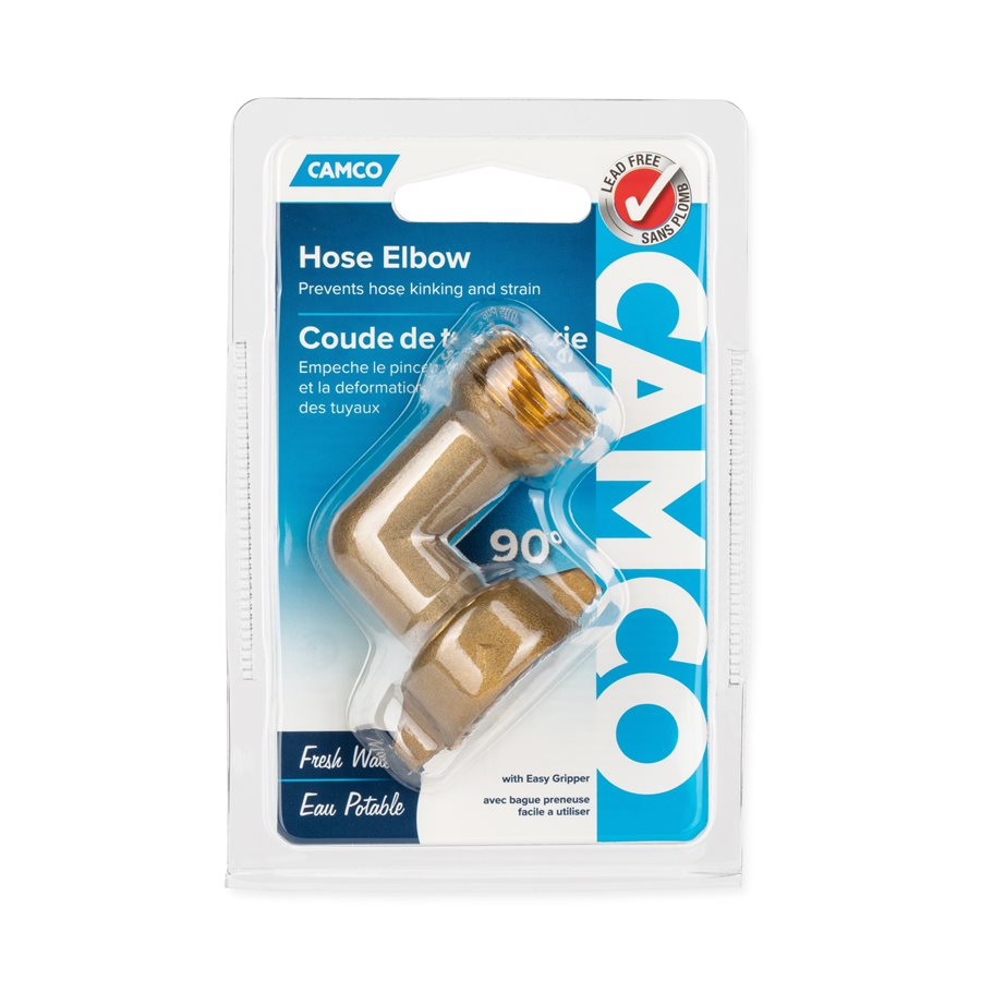 Camco Fresh Water Hose Connector, 90 degree Elbow With Gripper, Brass, Complies With CA and VT Regulations For Brass Content - 22504