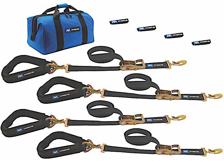 Macs Custom Tie-Downs Mac's ProPack Premium Tie Down Strap Kit, 8 ft. Direct Hook Ratchet Straps & 40 in. Axle Straps - 511658 - image 1